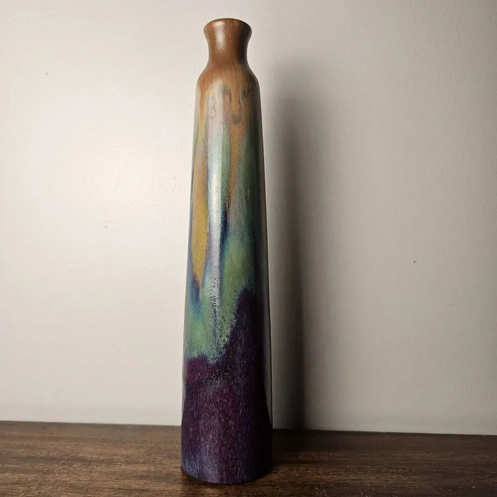 Art Pottery Drip Glaze Vase Iridescent Stoneware Signed 14